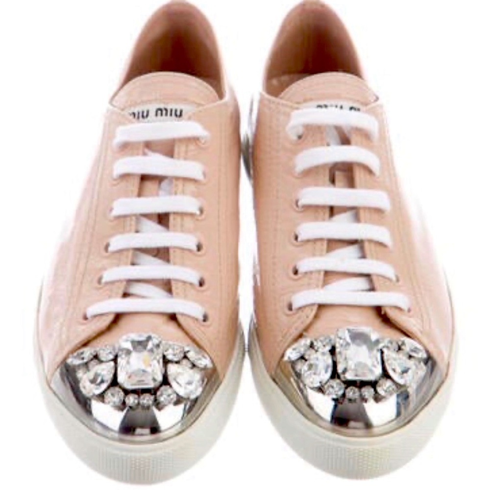 NWT MIU MIU Leather Crystal Embellishments Sneakers. Size 39 (8.5)